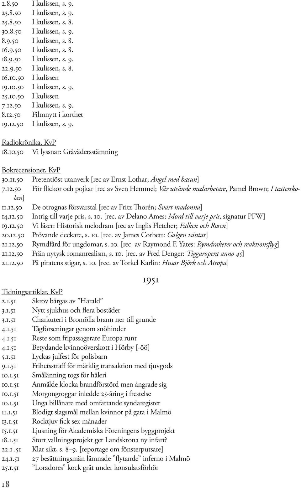 11.50 Pretentiöst utanverk [rec av Ernst Lothar; Ängel med basun] 7.12.50 För flickor och pojkar [rec av Sven Hemmel; Vår utsände medarbetare, Pamel Brown; I teaterskolan] 11.12.50 De otrognas försvarstal [rec av Fritz Thorén; Svart madonna] 14.