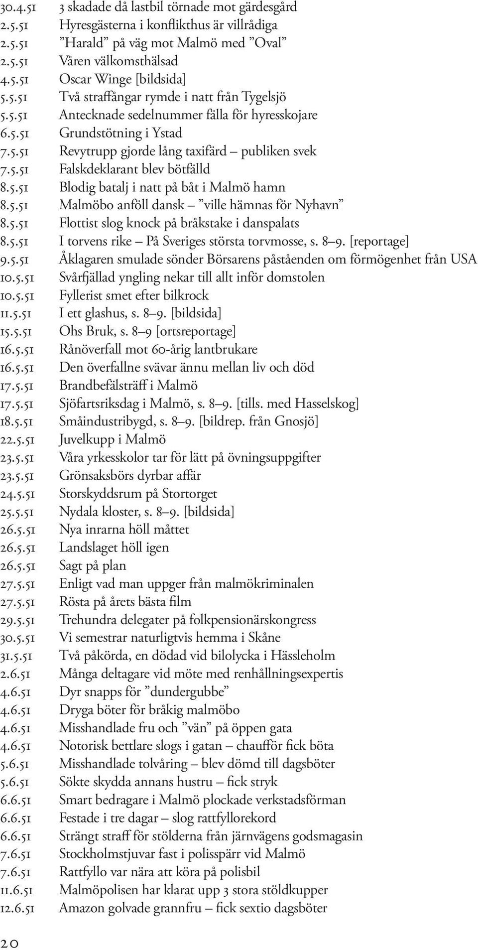 5.51 Blodig batalj i natt på båt i Malmö hamn 8.5.51 Malmöbo anföll dansk ville hämnas för Nyhavn 8.5.51 Flottist slog knock på bråkstake i danspalats 8.5.51 I torvens rike På Sveriges största torvmosse, s.