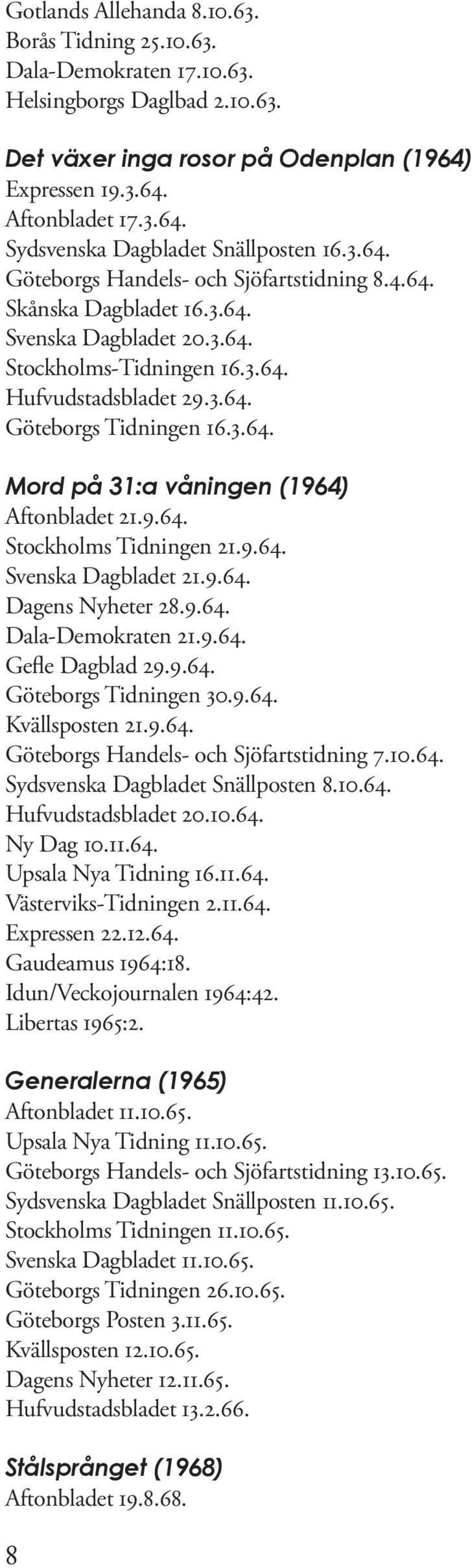 9.64. Stockholms Tidningen 21.9.64. Svenska Dagbladet 21.9.64. Dagens Nyheter 28.9.64. Dala-Demokraten 21.9.64. Gefle Dagblad 29.9.64. Göteborgs Tidningen 30.9.64. Kvällsposten 21.9.64. Göteborgs Handels- och Sjöfartstidning 7.