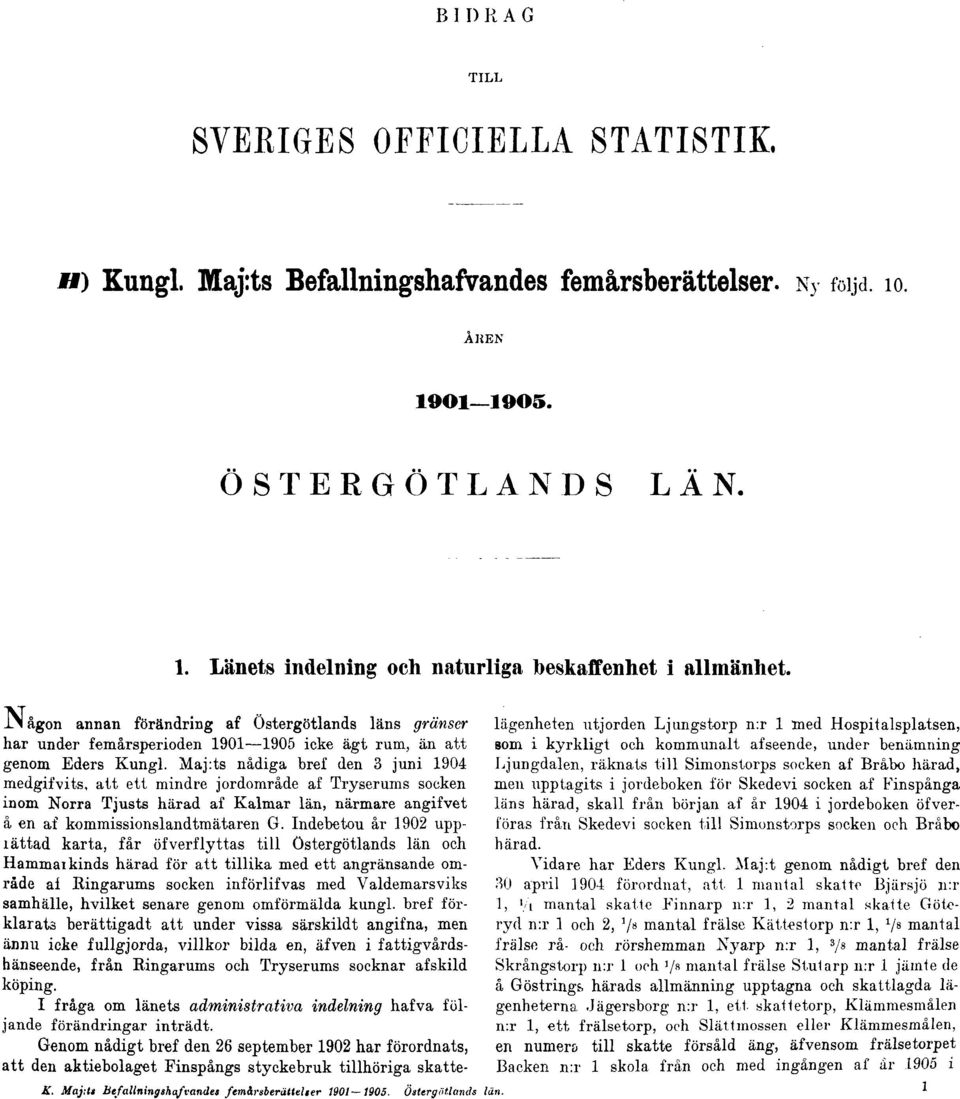 Maj:ts nådiga bref den 3 juni 1904 medgifvits, att ett mindre jordområde af Tryserums socken inom Norra Tjusts härad af Kalmar län, närmare angifvet å en af kommissionslandtmätaren G.