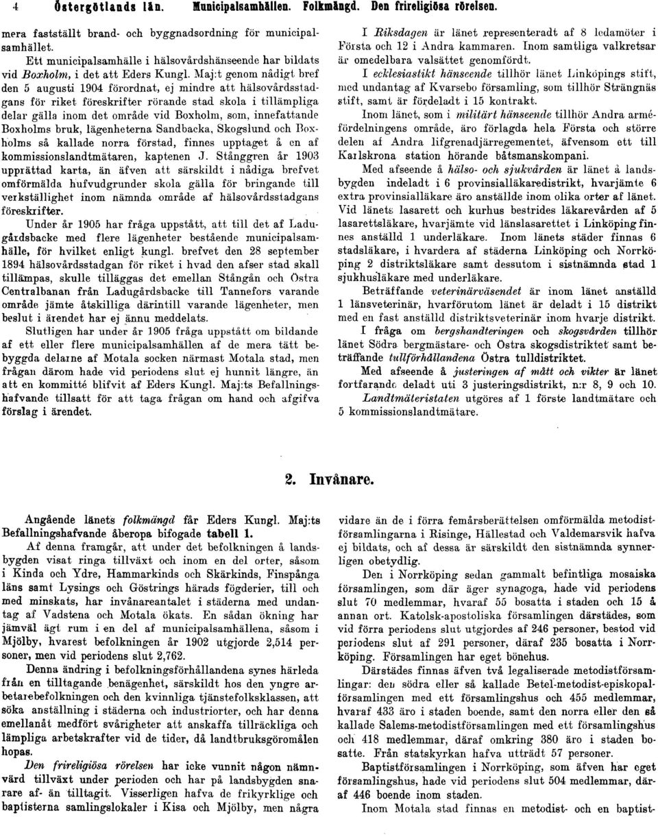 Maj:t genom nådigt bref den 5 augusti 1904 förordnat, ej mindre att hälsovårdsstadgans för riket föreskrifter rörande stad skola i tillämpliga delar gälla inom det område vid Boxholm, som,