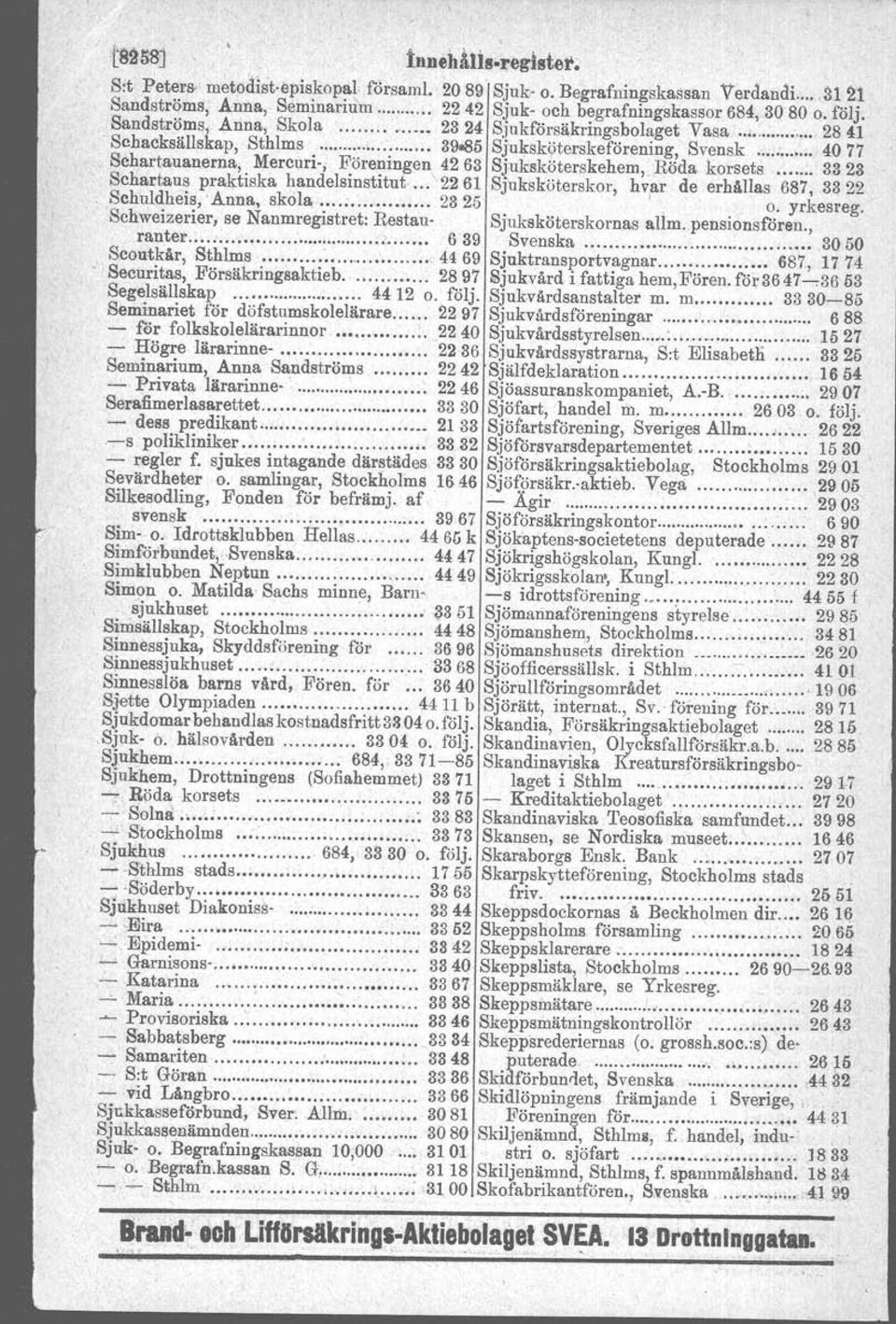 , 4077 Schartauanerna, Mercuri ; Föreningen 4263 Sjuksköterskehem, Röda korsets 3323 Schartaus praktiska handelsinstitut, 2261 Sjuksköterskor, hvar de erhållas 687, 3322 Schuldheis, 'Anna, skola.