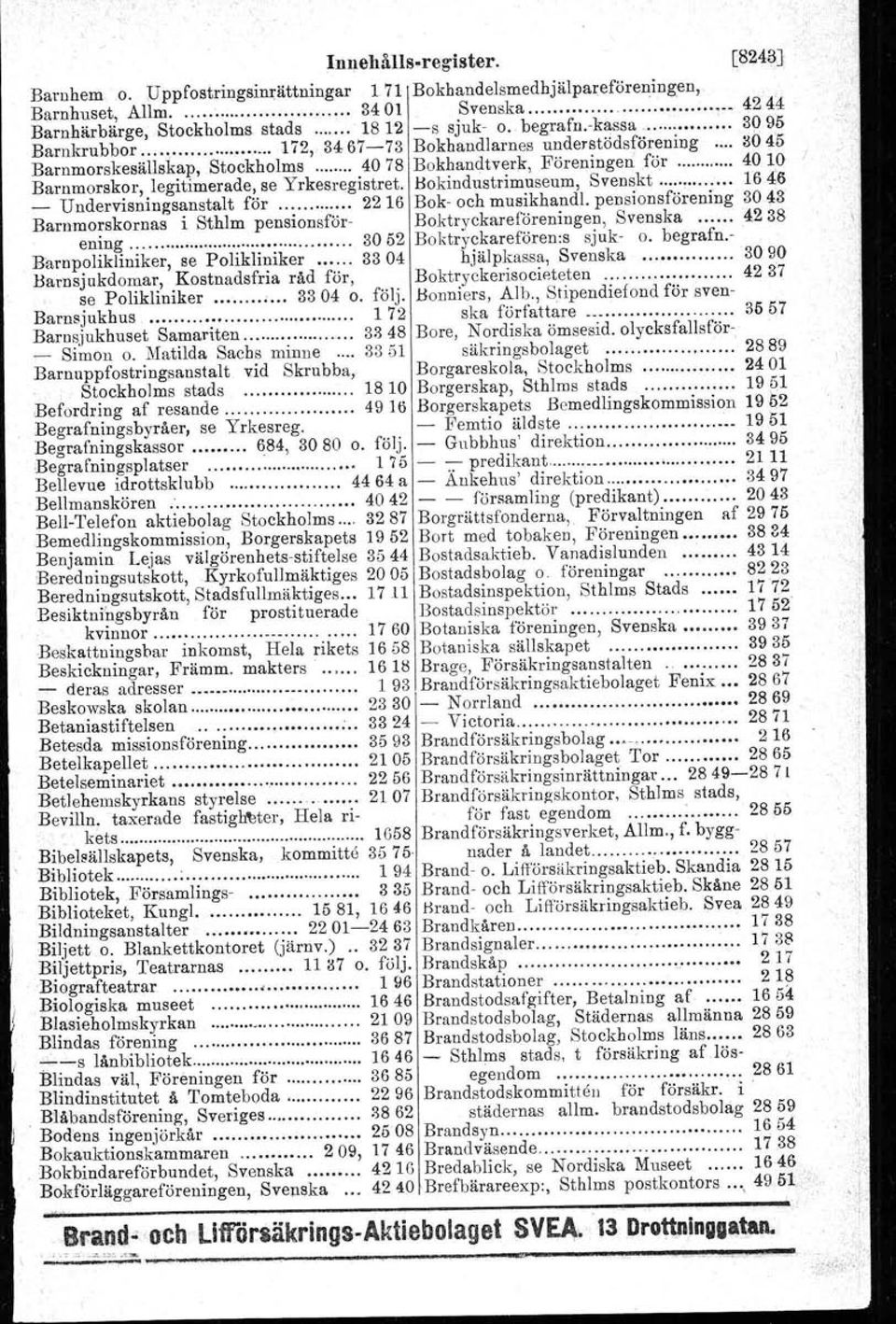 ..... 172, 3467-73 Bokhandlarnes understödsfötening 3045 Barnmorskesällskap, Stockholms 4078 Bokhandtverk, Föreningen för 40 10 Barnmorskor, legitimerade, se Yrkesregistret.