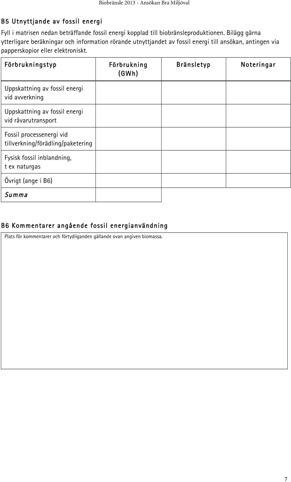 Förbrukningstyp Förbrukning (GWh) Bränsletyp Noteringar Uppskattning av fossil energi vid avverkning Uppskattning av fossil energi vid råvarutransport Fossil