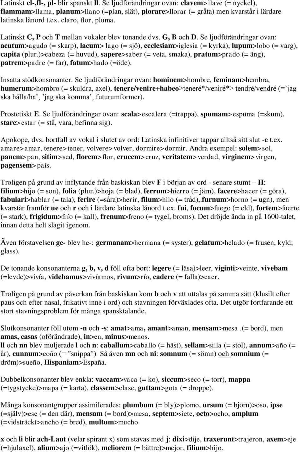 Se ljudförändringar ovan: acutum>agudo (= skarp), lacum> lago (= sjö), ecclesiam>iglesia (= kyrka), lupum>lobo (= varg), capita (plur.