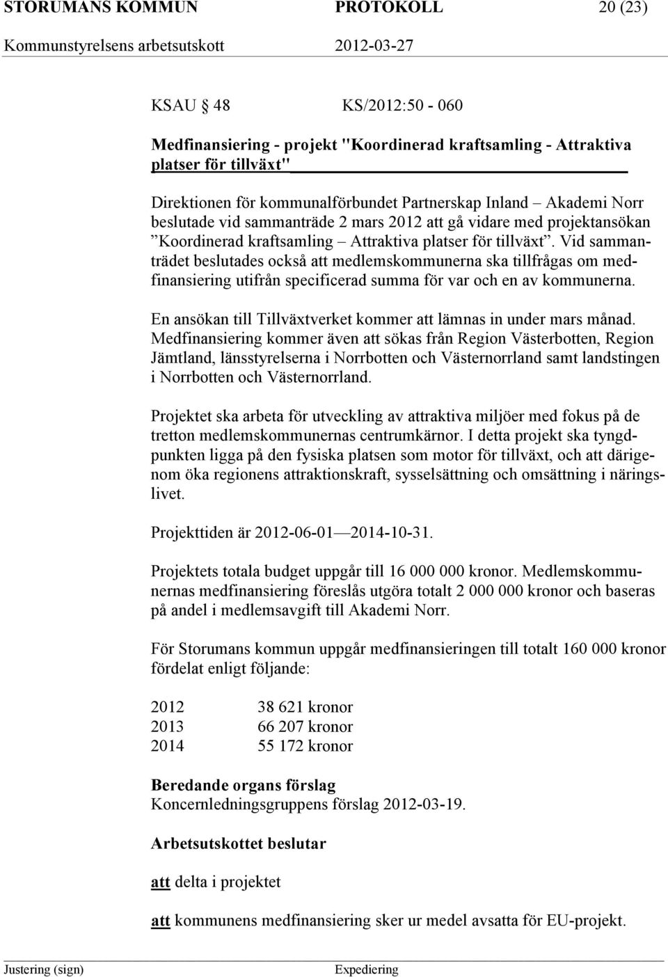 Vid sammanträdet beslutades också att medlemskommunerna ska tillfrågas om medfinansiering utifrån specificerad summa för var och en av kommunerna.