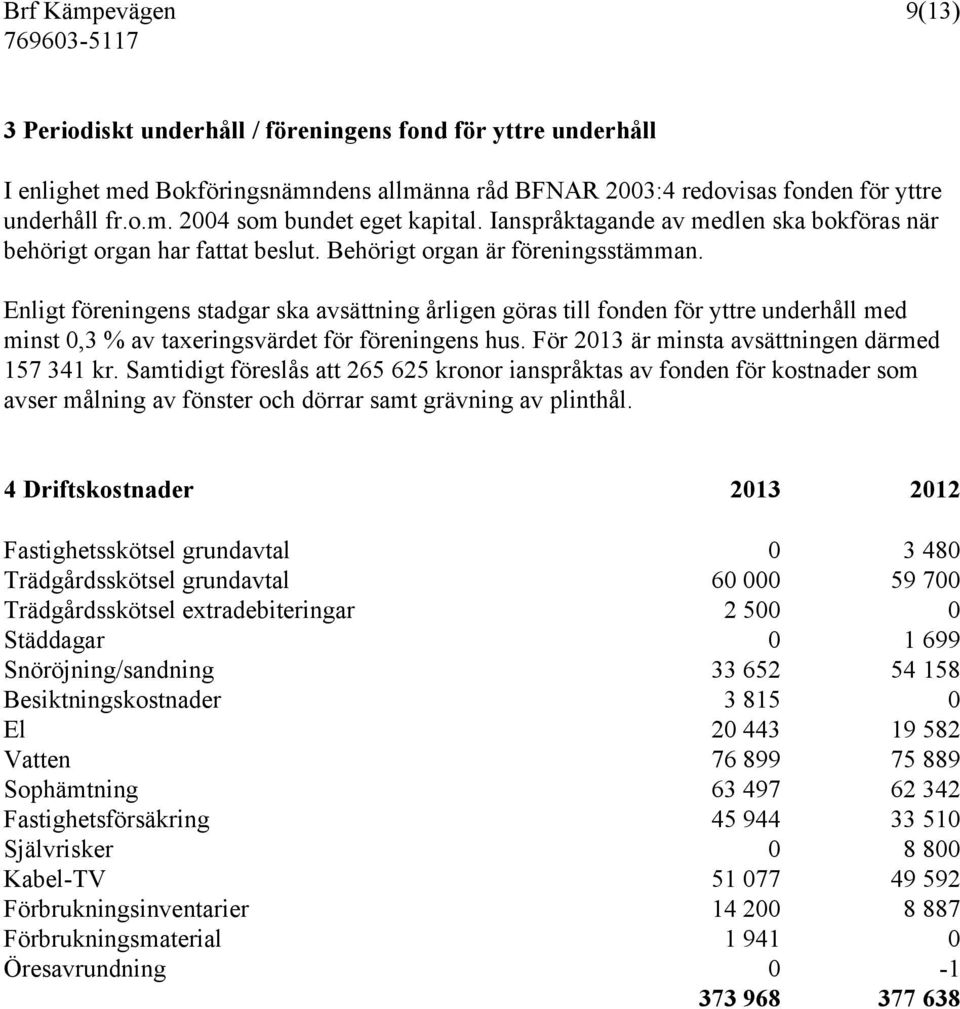 Enligt föreningens stadgar ska avsättning årligen göras till fonden för yttre underhåll med minst 0,3 % av taxeringsvärdet för föreningens hus. För 2013 är minsta avsättningen därmed 157 341 kr.