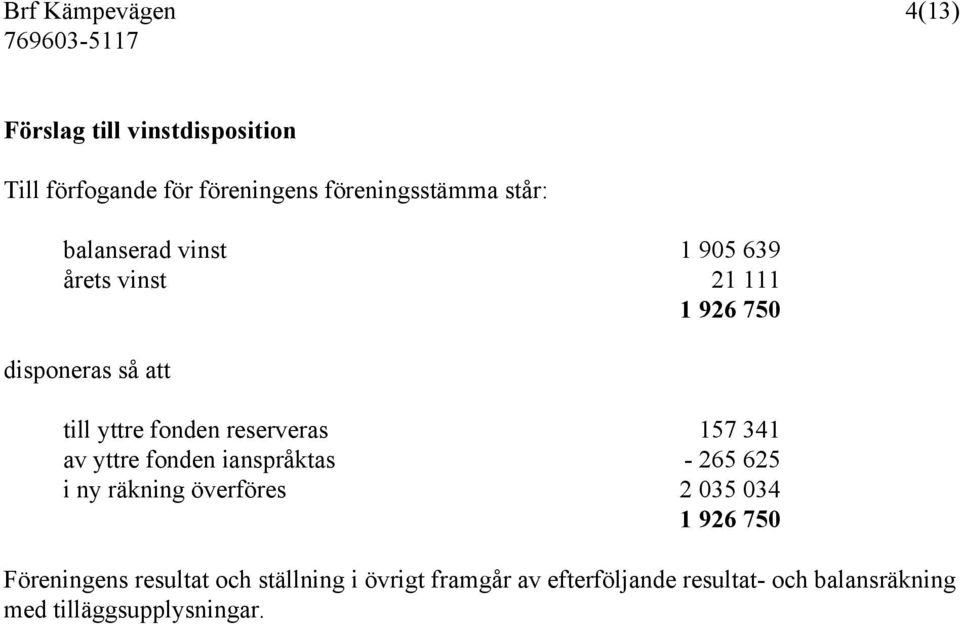 157 341 av yttre fonden ianspråktas - 265 625 i ny räkning överföres 2 035 034 1 926 750 Föreningens