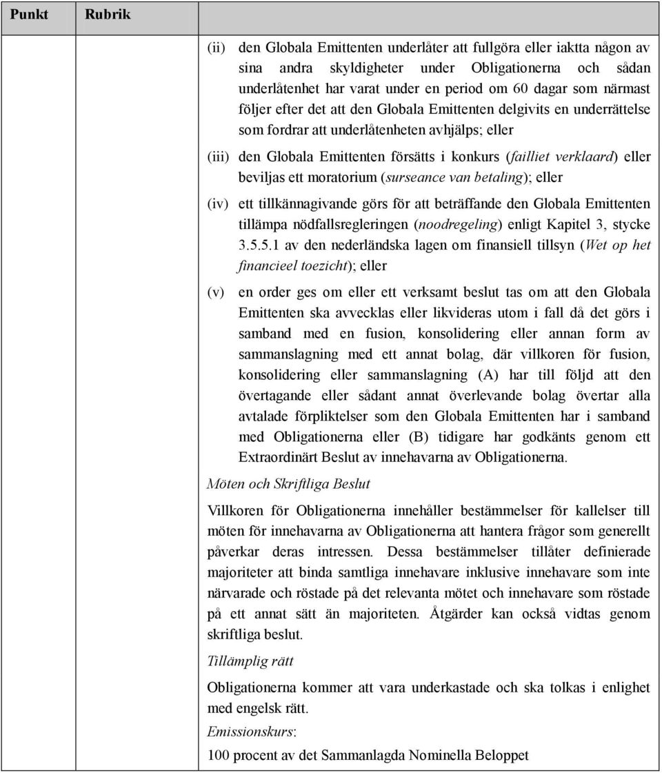 moratorium (surseance van betaling); eller (iv) ett tillkännagivande görs för att beträffande den Globala Emittenten tillämpa nödfallsregleringen (noodregeling) enligt Kapitel 3, stycke 3.5.