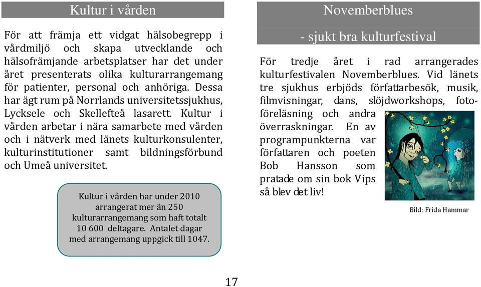 Kultur i vården arbetar i nära samarbete med vården och i nätverk med länets kulturkonsulenter, kulturinstitutioner samt bildningsförbund och Umeå universitet.