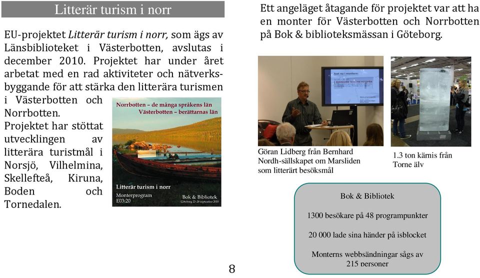 Projektet har under året arbetat med en rad aktiviteter och nätverksbyggande för att stärka den litterära turismen i Västerbotten och Norrbotten.