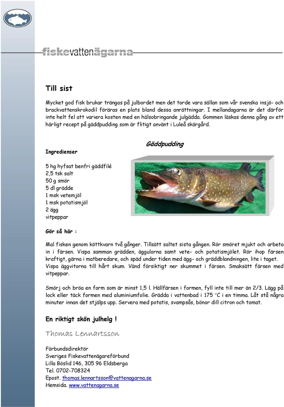 Ingredienser Gäddpudding 5 hg hyfsat benfri gäddfilé 2,5 tsk salt 50 g smör 5 dl grädde 1 msk vetemjöl 1 msk potatismjöl 2 ägg vitpeppar Gör så här : Mal fisken genom köttkvarn två gånger.