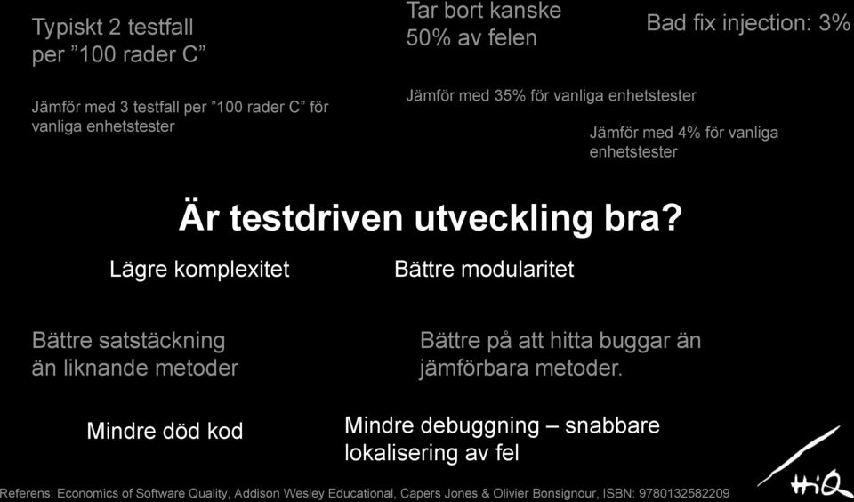 Lägre komplexitet Bättre modularitet Bättre satstäckning än liknande metoder Mindre död kod Bättre på att hitta buggar än jämförbara metoder.