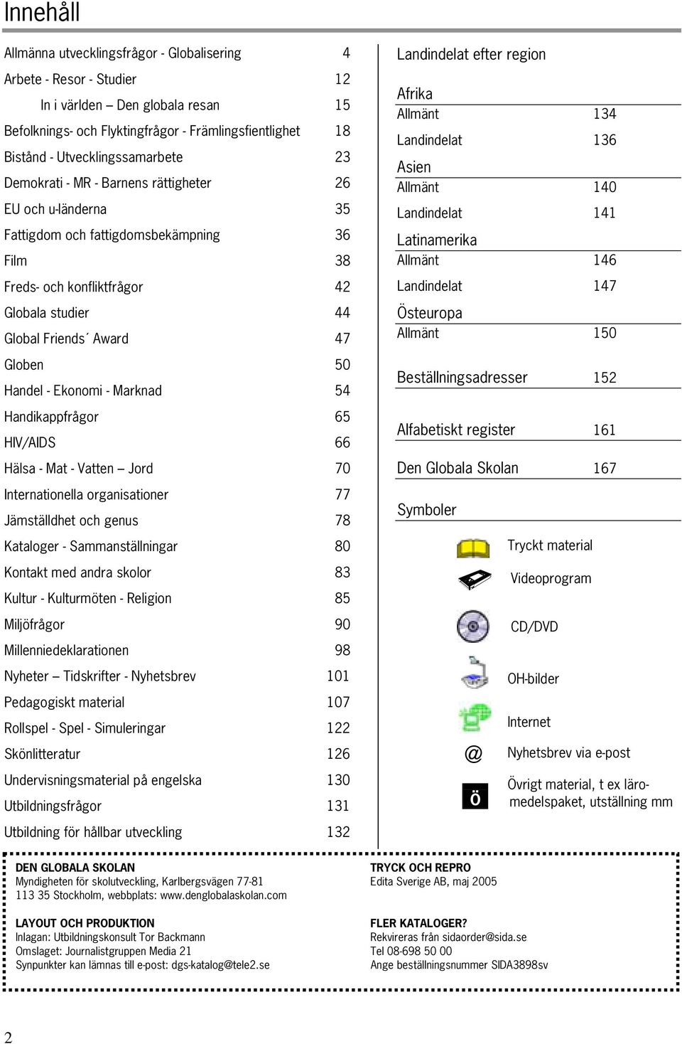 47 Globen 50 Handel - Ekonomi - Marknad 54 Handikappfrågor 65 HIV/AIDS 66 Hälsa - Mat - Vatten Jord 70 Internationella organisationer 77 Jämställdhet och genus 78 Kataloger - Sammanställningar 80