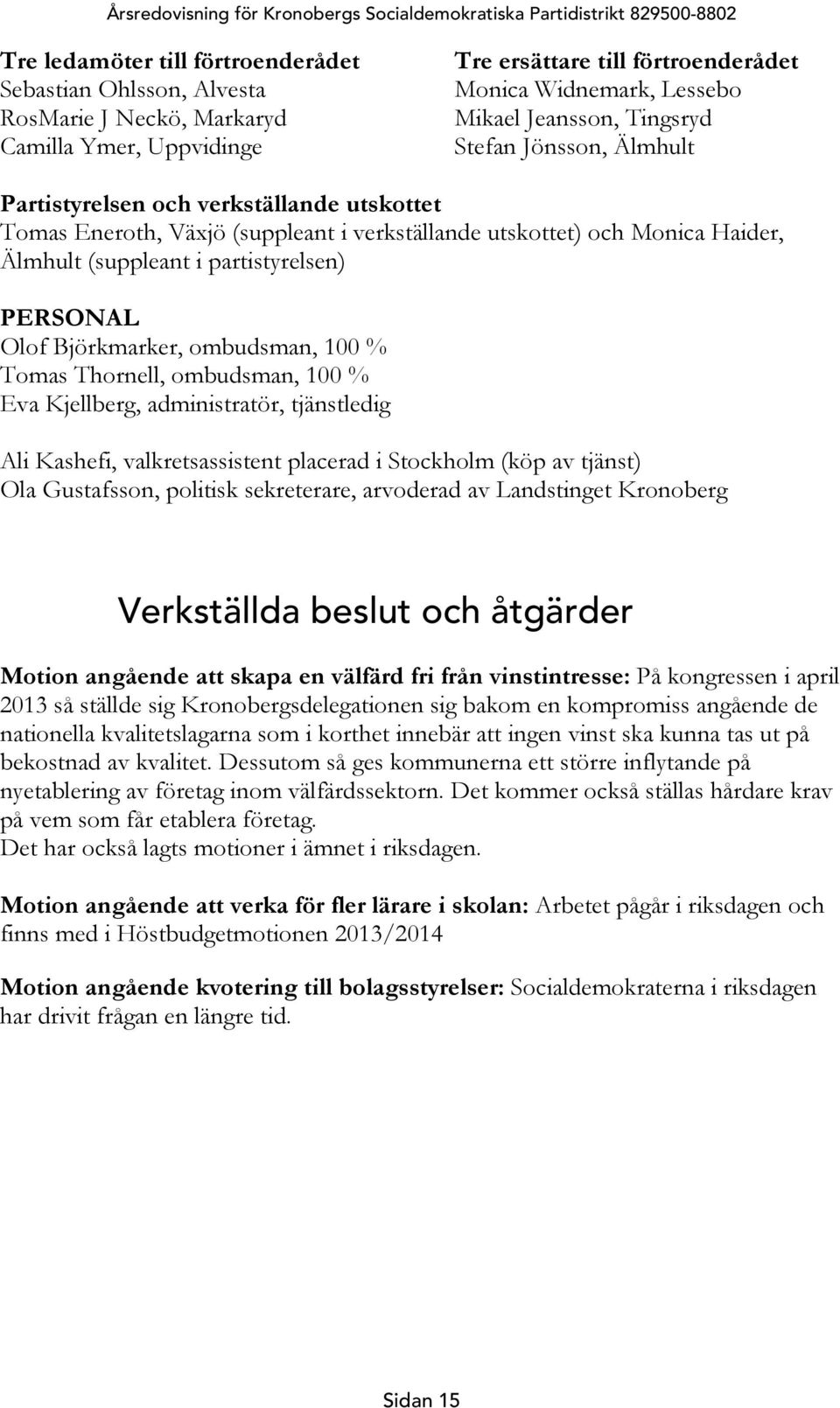 utskottet) och Monica Haider, Älmhult (suppleant i partistyrelsen) PERSONAL Olof Björkmarker, ombudsman, 100 % Tomas Thornell, ombudsman, 100 % Eva Kjellberg, administratör, tjänstledig Ali Kashefi,