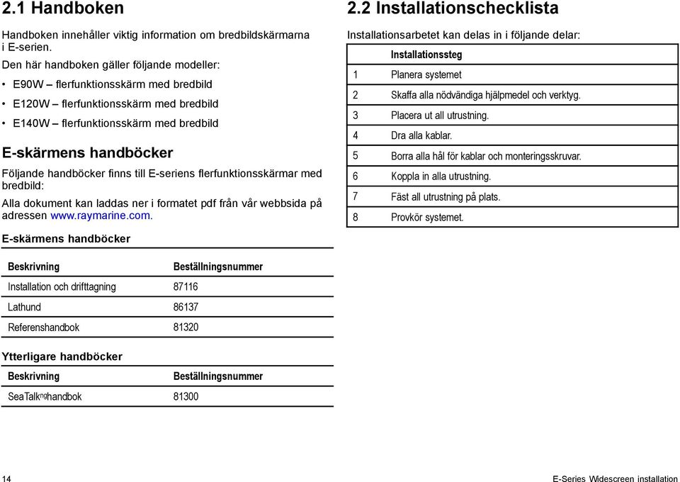 finns till E-seriens flerfunktionsskärmar med bredbild: Alla dokument kan laddas ner i formatet pdf från vår webbsida på adressen www.raymarine.com. E-skärmens handböcker 2.