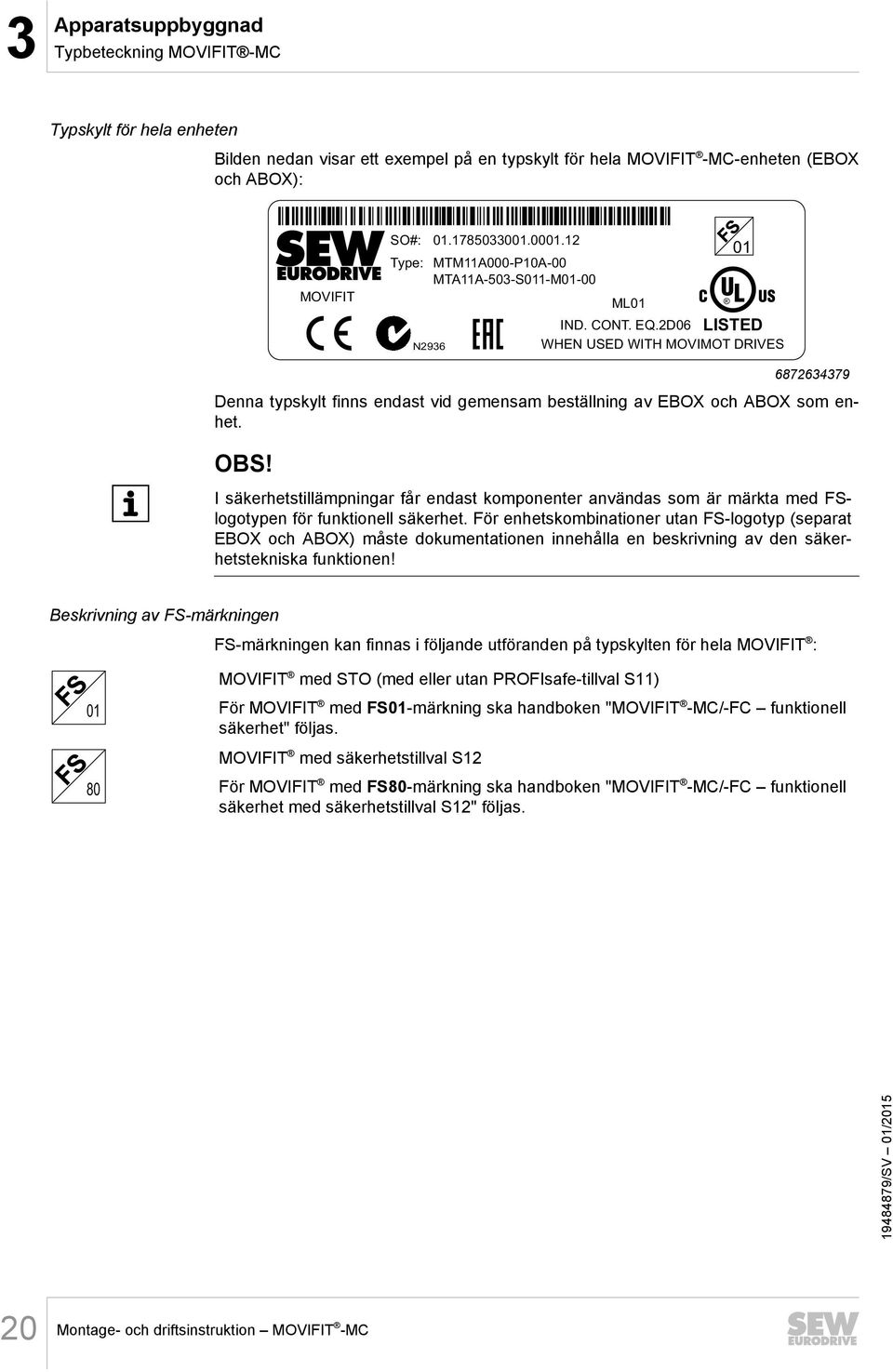 2D06 WHEN USED WITH MOVIMOT DRIVES 01 LISTED 6872634379 Denna typskylt finns endast vid gemensam beställning av EBOX och ABOX som enhet. OBS!