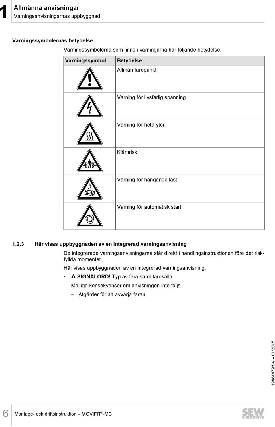 3 Här visas uppbyggnaden av en integrerad varningsanvisning De integrerade varningsanvisningarna står direkt i handlingsinstruktionen före det riskfyllda momentet.