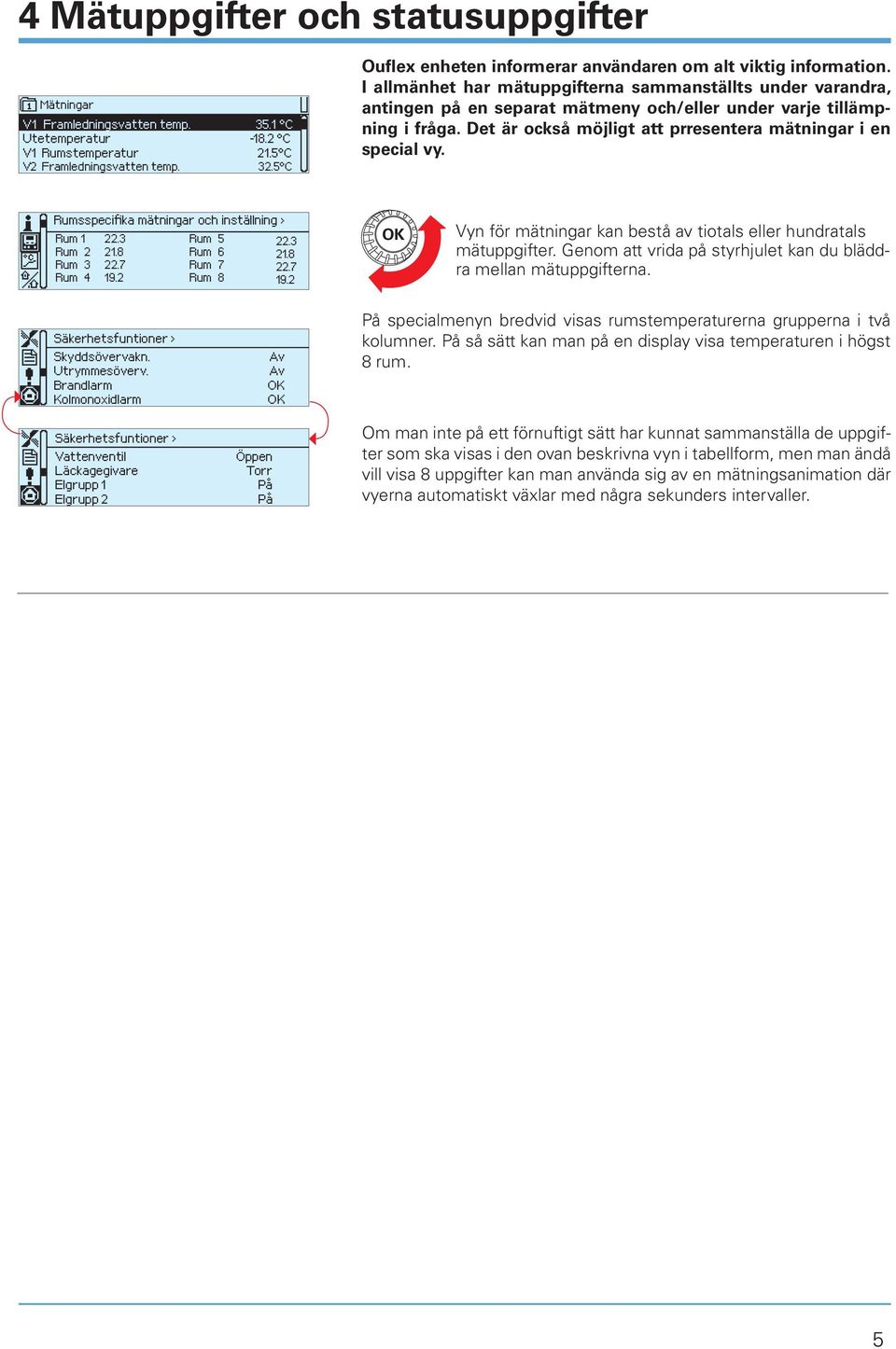 I allmänhet har mätuppgifterna sammanställts under varandra, antingen på en separat mätmeny och/eller under varje tillämpning i fråga. Det är också möjligt att prresentera mätningar i en special vy.