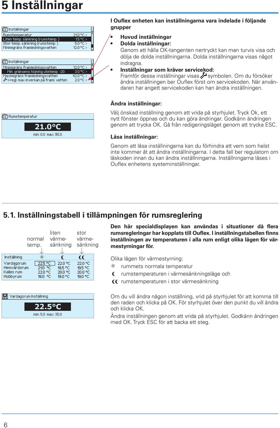 0 C > I Ouflex enheten kan inställningarna vara indelade i följande grupper Huvud inställningar Dolda inställningar: Genom att hålla -tangenten nertryckt kan man turvis visa och dölja de dolda