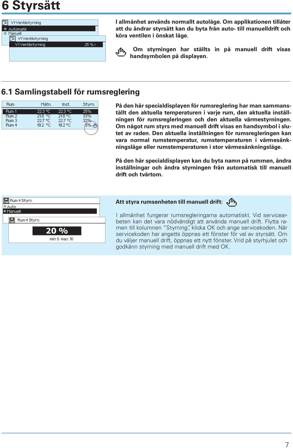 Om styrningen har ställts in på manuell drift visas handsymbolen på displayen. 6.1 Samlingstabell för rumsreglering Rum Mätn. Inst. Styrn. Rum 1 Rum 2 Rum 3 Rum 4 22.3 C 21.8 C 22.7 C 19.2 C 22.