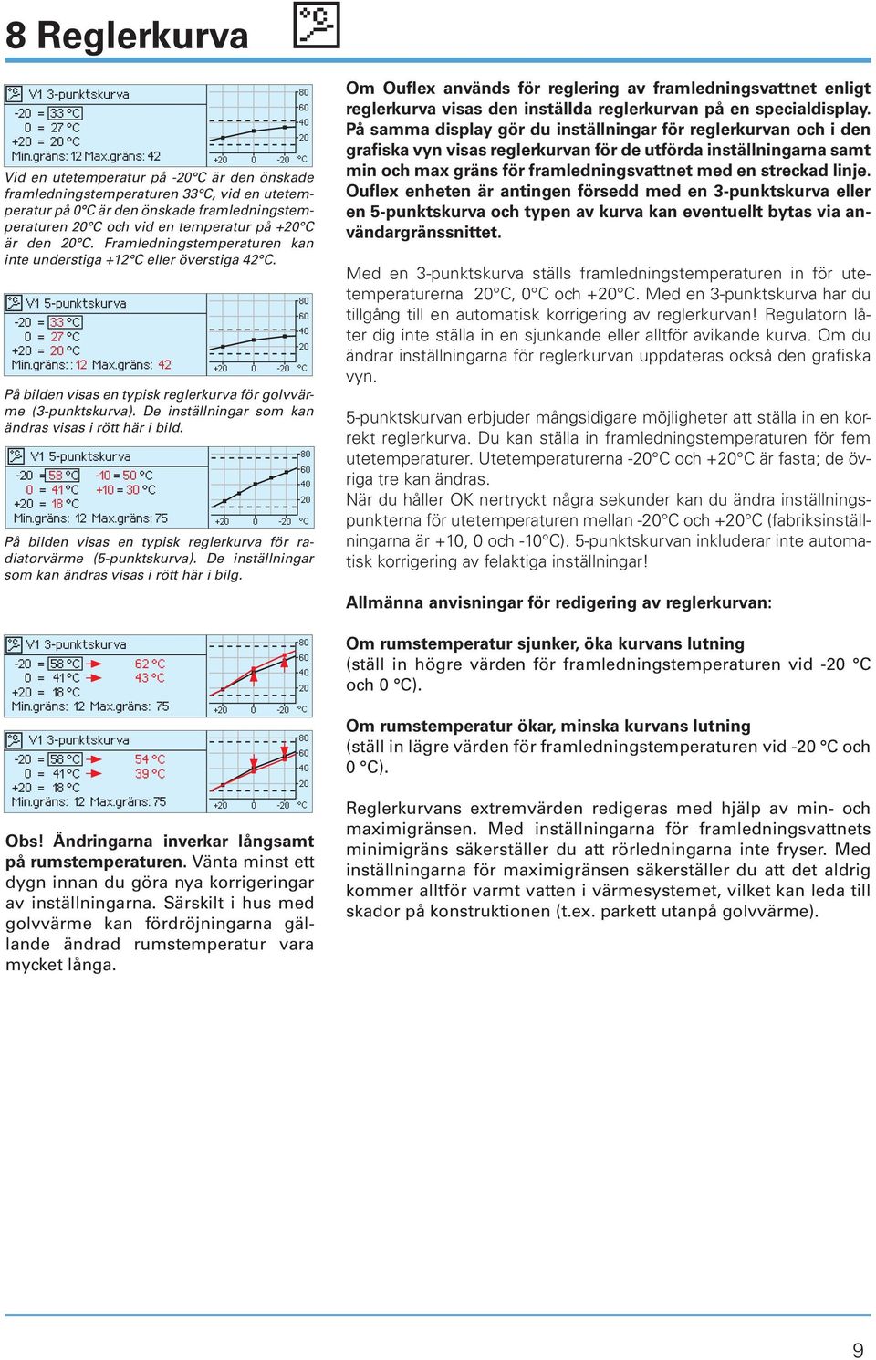 C. Framledningstemperaturen kan inte understiga +12 C eller överstiga 42 C. V1 5-punktskurva -20 = 33 C 0 = 27 C +20 = 20 C Min.gräns: : 12 Max.