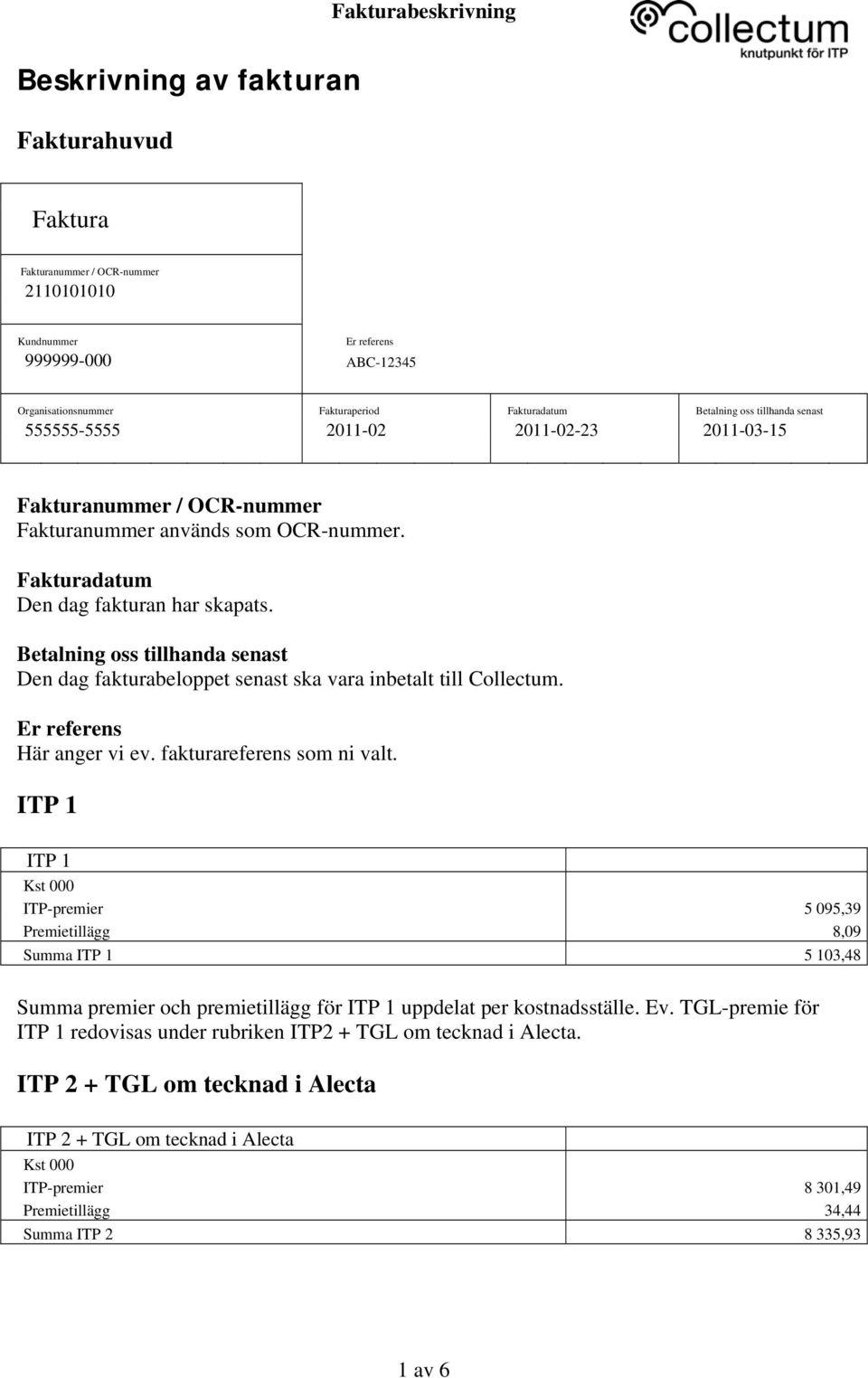 Betalning oss tillhanda senast Den dag fakturabeloppet senast ska vara inbetalt till Collectum. Er referens Här anger vi ev. fakturareferens som ni valt.