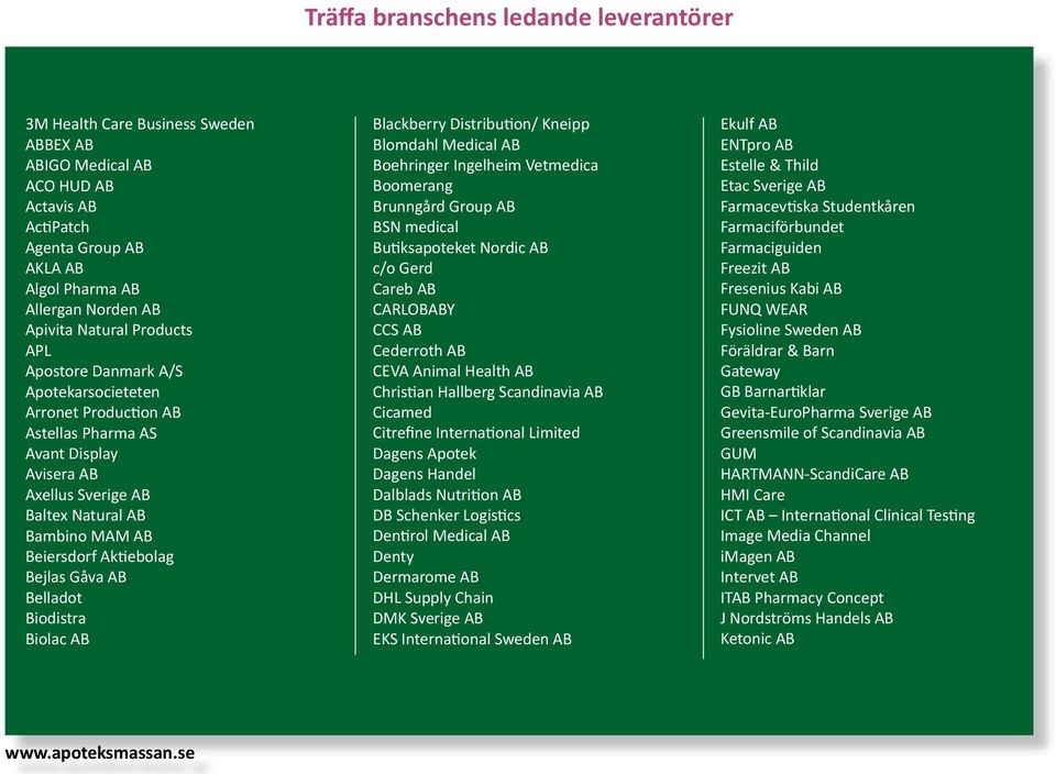 Aktiebolag Bejlas Gåva AB Belladot Biodistra Biolac AB Blackberry Distribution/ Kneipp Blomdahl Medical AB Boehringer Ingelheim Vetmedica Boomerang Brunngård Group AB BSN medical Butiksapoteket