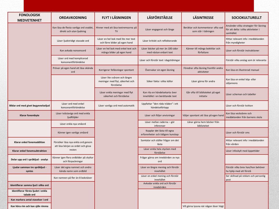 Läser en hel bok med lite mer text och färre bilder på egen hand Läser kritiskt och reflekterande Hittar relevant info i meddelanden från myndigheter Kan avkoda nonsensord Läser en hel bok med enkel