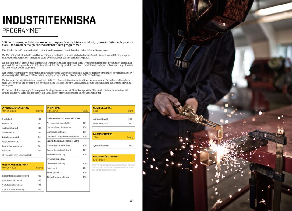 Du får möjlighet att arbeta med behandling av material; processinriktad eller maskinell, liksom framställning av produkter, driftsäkerhet och underhåll samt svetsning och annan sammanfogning.