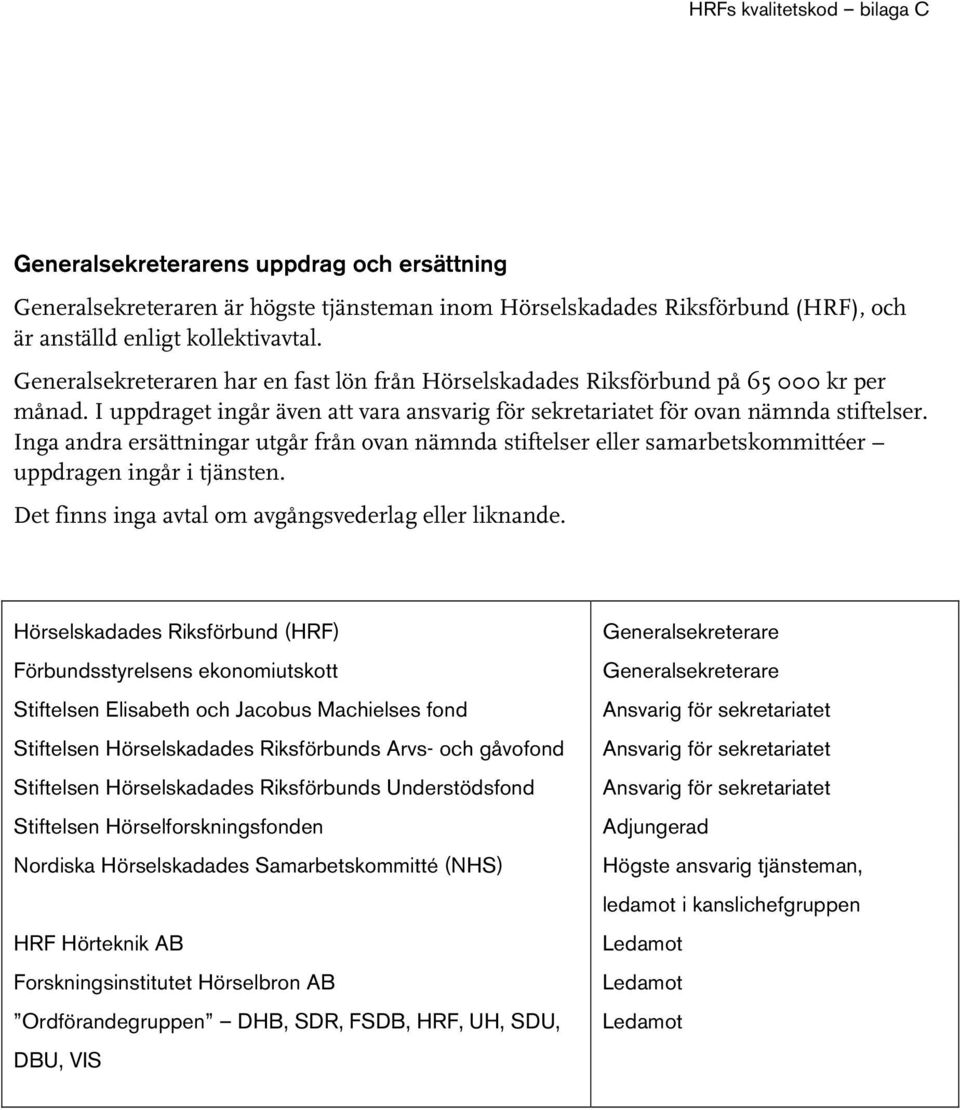 Inga andra ersättningar utgår från ovan nämnda stiftelser eller samarbetskommittéer uppdragen ingår i tjänsten. Det finns inga avtal om avgångsvederlag eller liknande.