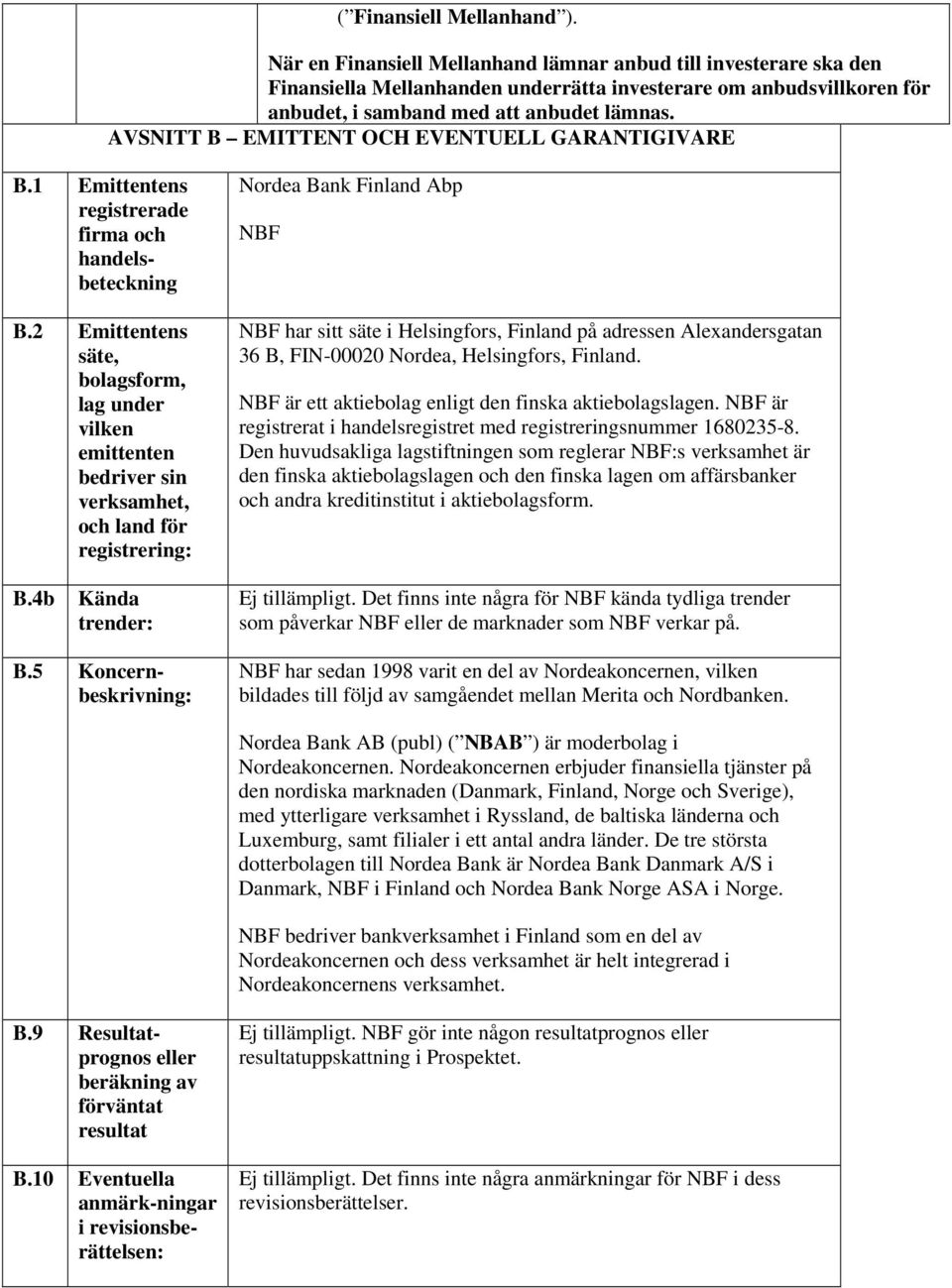 AVSNITT B EMITTENT OCH EVENTUELL GARANTIGIVARE B.1 Emittentens registrerade firma och handelsbeteckning B.