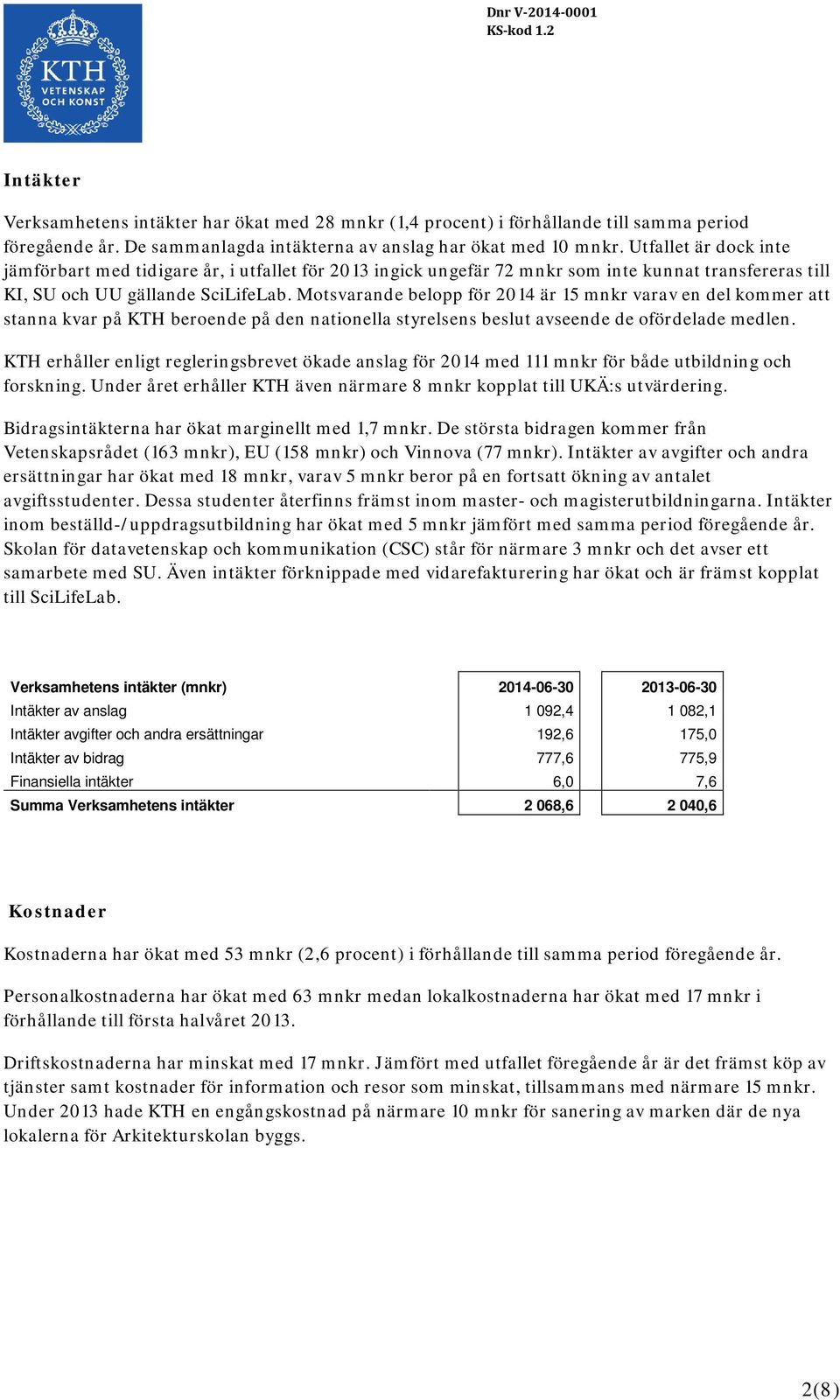 Motsvarande belopp för 2014 är 15 mnkr varav en del kommer att stanna kvar på KTH beroende på den nationella styrelsens beslut avseende de ofördelade medlen.