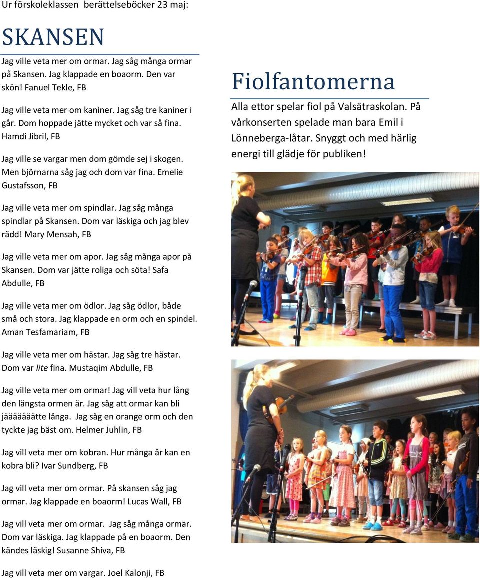 Emelie Gustafsson, FB Fiolfantomerna Alla ettor spelar fiol på Valsätraskolan. På vårkonserten spelade man bara Emil i Lönneberga-låtar. Snyggt och med härlig energi till glädje för publiken!