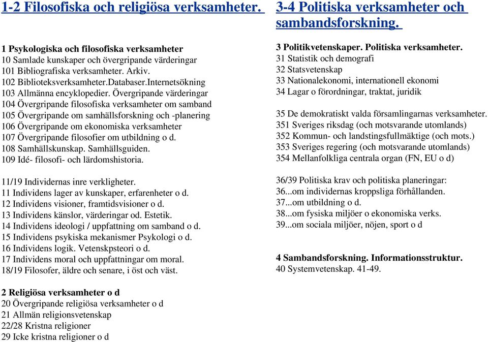 Övergripande värderingar 104 Övergripande filosofiska verksamheter om samband 105 Övergripande om samhällsforskning och -planering 106 Övergripande om ekonomiska verksamheter 107 Övergripande