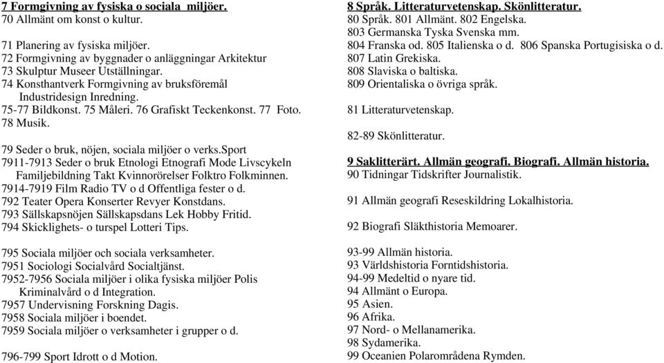 sport 7911-7913 Seder o bruk Etnologi Etnografi Mode Livscykeln Familjebildning Takt Kvinnorörelser Folktro Folkminnen. 7914-7919 Film Radio TV o d Offentliga fester o d.