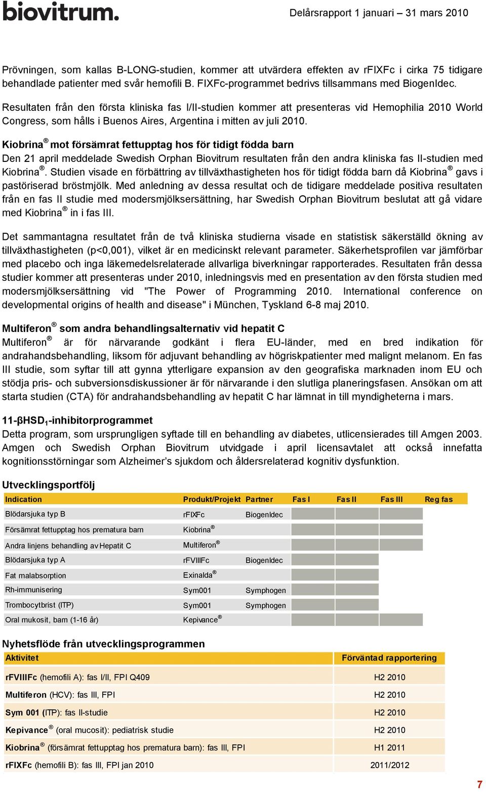 Kiobrina mot försämrat fettupptag hos för tidigt födda barn Den 21 april meddelade Swedish Orphan Biovitrum resultaten från den andra kliniska fas II-studien med Kiobrina.