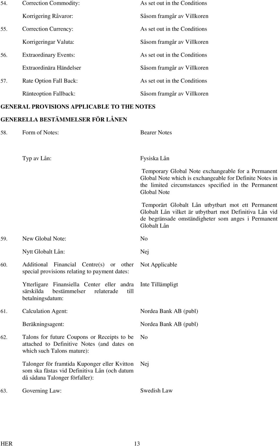 Rate Option Fall Back: As set out in the Conditions Ränteoption Fallback: Såsom framgår av GENERAL PROVISIONS APPLICABLE TO THE NOTES GENERELLA BESTÄMMELSER FÖR LÅNEN 58.