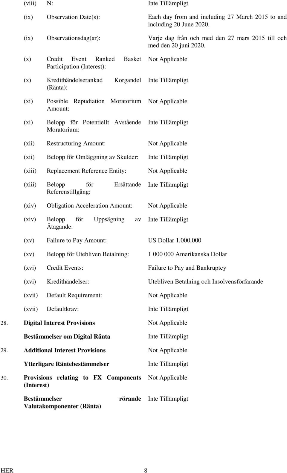 (xii) Restructuring Amount: (xii) Belopp för Omläggning av Skulder: (xiii) Replacement Reference Entity: (xiii) Belopp för Ersättande Referenstillgång: (xiv) Obligation Acceleration Amount: (xiv)