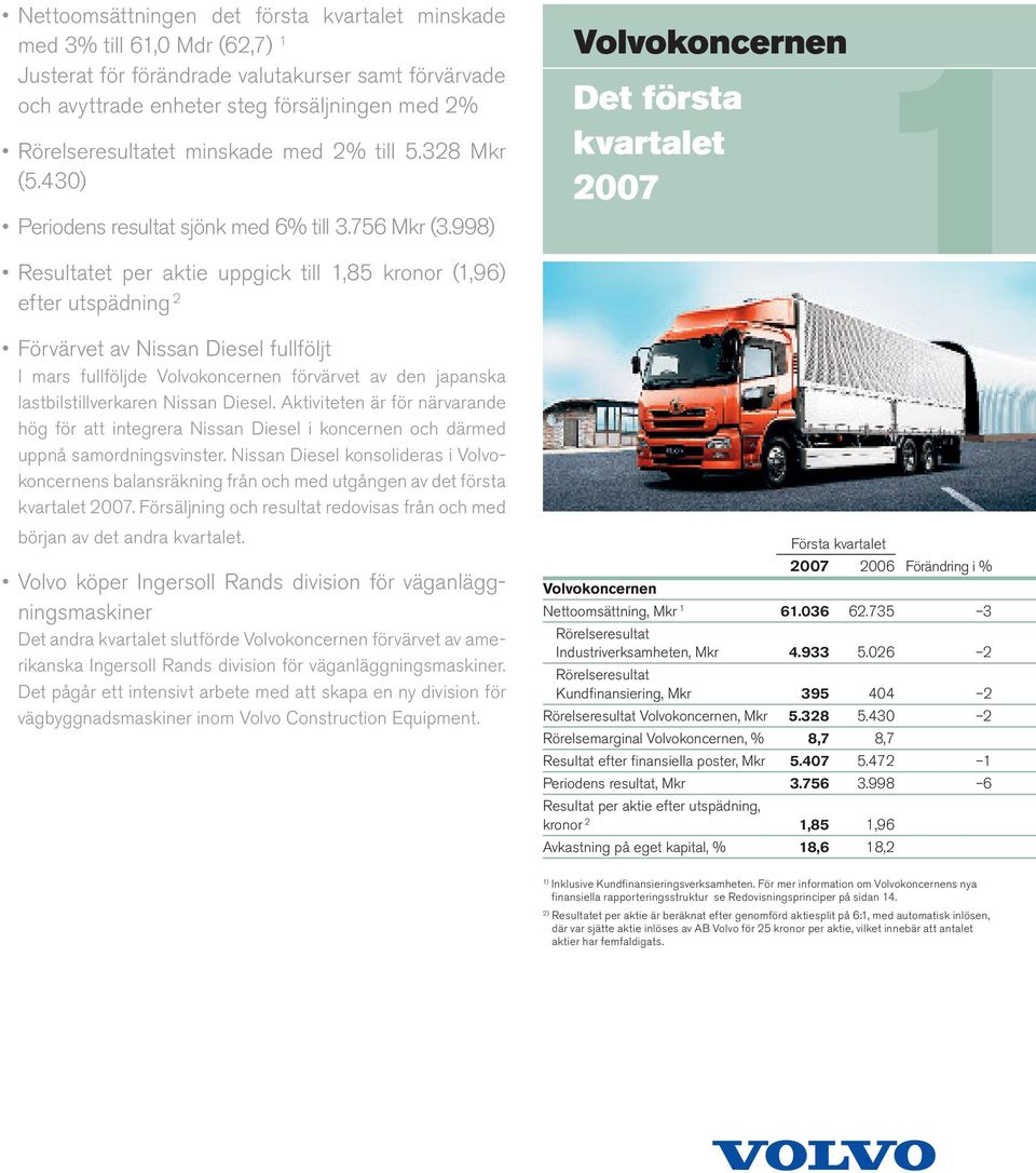 998) Resultatet per aktie uppgick till 1,85 kronor (1,96) efter utspädning 2 Volvokoncernen Det första kvartalet 2007 1 Förvärvet av Nissan Diesel fullföljt I mars fullföljde Volvokoncernen förvärvet