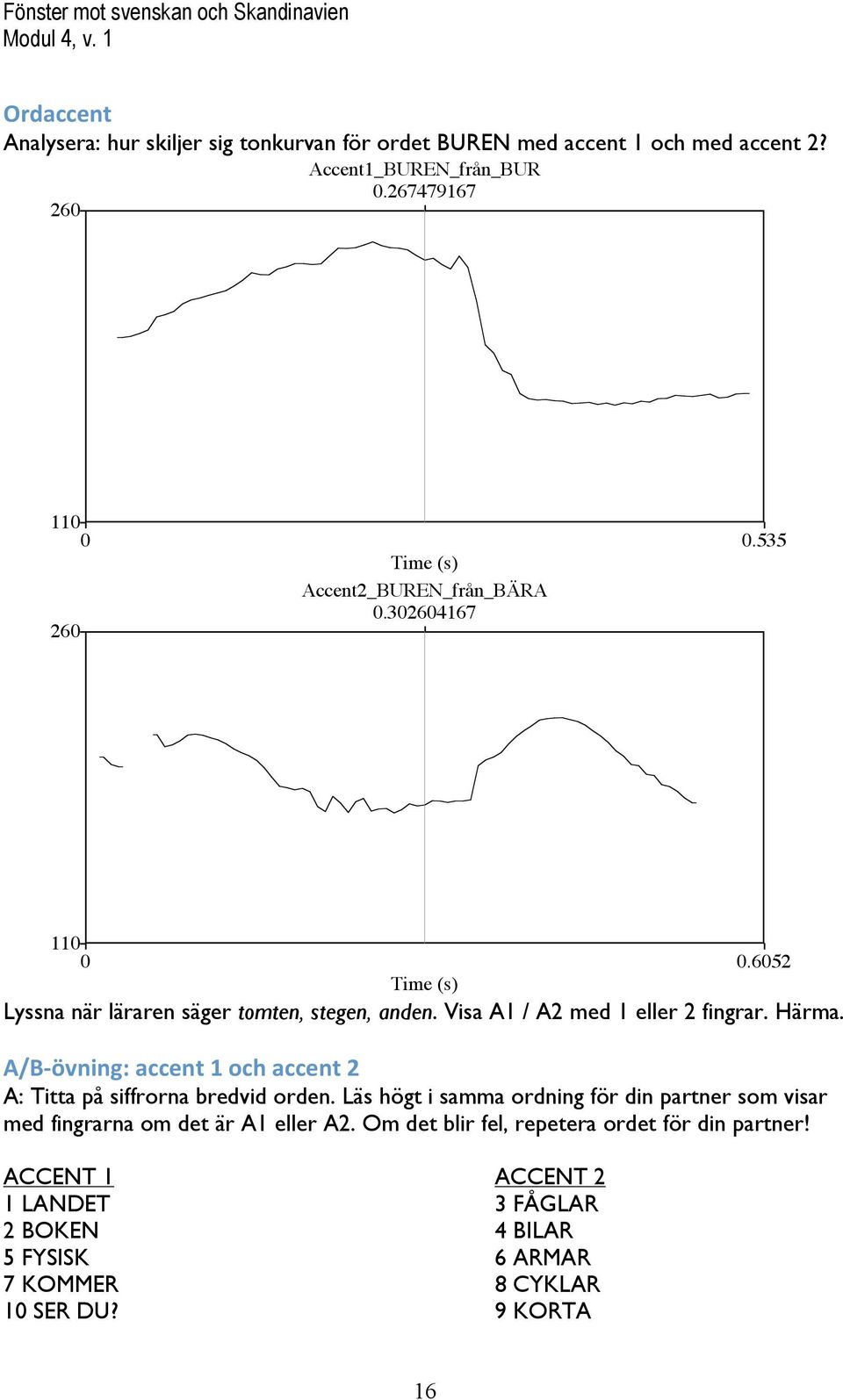 Visa A1 / A2 med 1 eller 2 fingrar. Härma. A/B övning:accent1ochaccent2 A: Titta på siffrorna bredvid orden.