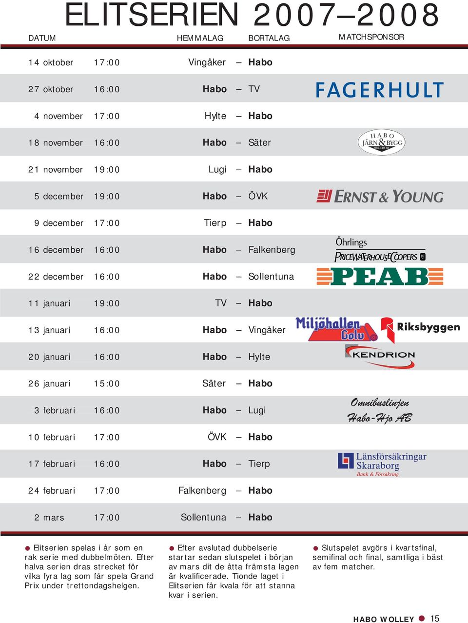 Hylte 26 januari 15:00 Säter Habo 3 februari 16:00 Habo Lugi 10 februari 17:00 ÖVK Habo 17 februari 16:00 Habo Tierp 24 februari 17:00 Falkenberg Habo 2 mars 17:00 Sollentuna Habo Elitserien spelas i