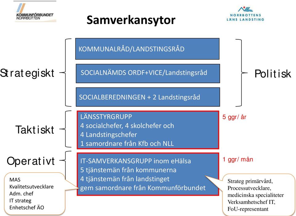 chef IT strateg Enhetschef ÄO LÄNSSTYRGRUPP 4 socialchefer, 4 skolchefer och 4 Landstingschefer 1 samordnare från Kfb och NLL