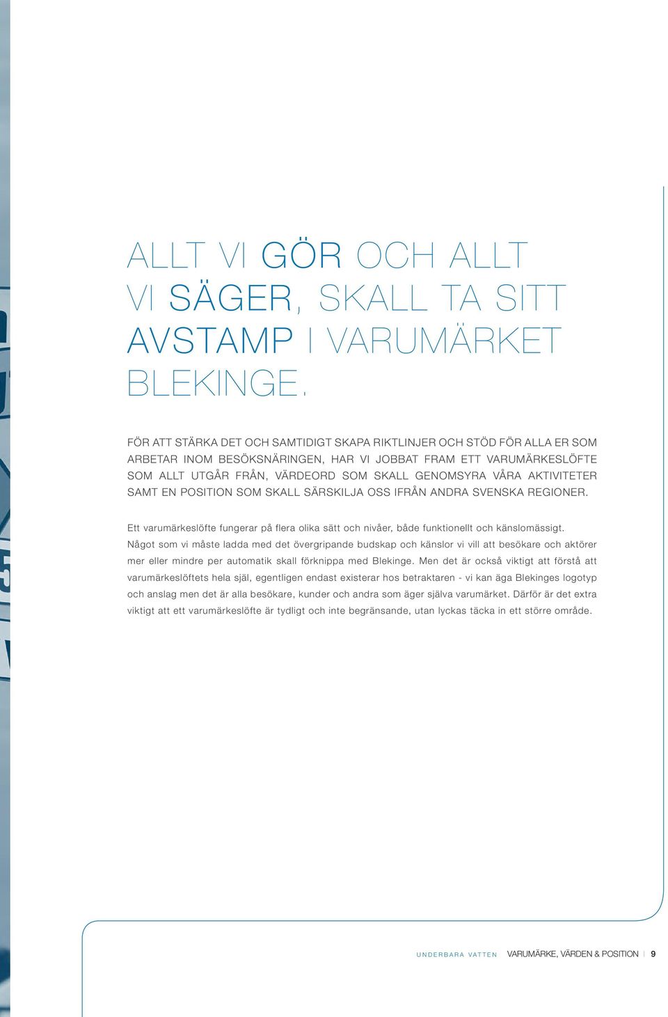 AKTIVITETER SAMT EN POSITION SOM SKALL SÄRSKILJA OSS IFRÅN ANDRA SVENSKA REGIONER. Ett varumärkeslöfte fungerar på flera olika sätt och nivåer, både funktionellt och känslomässigt.