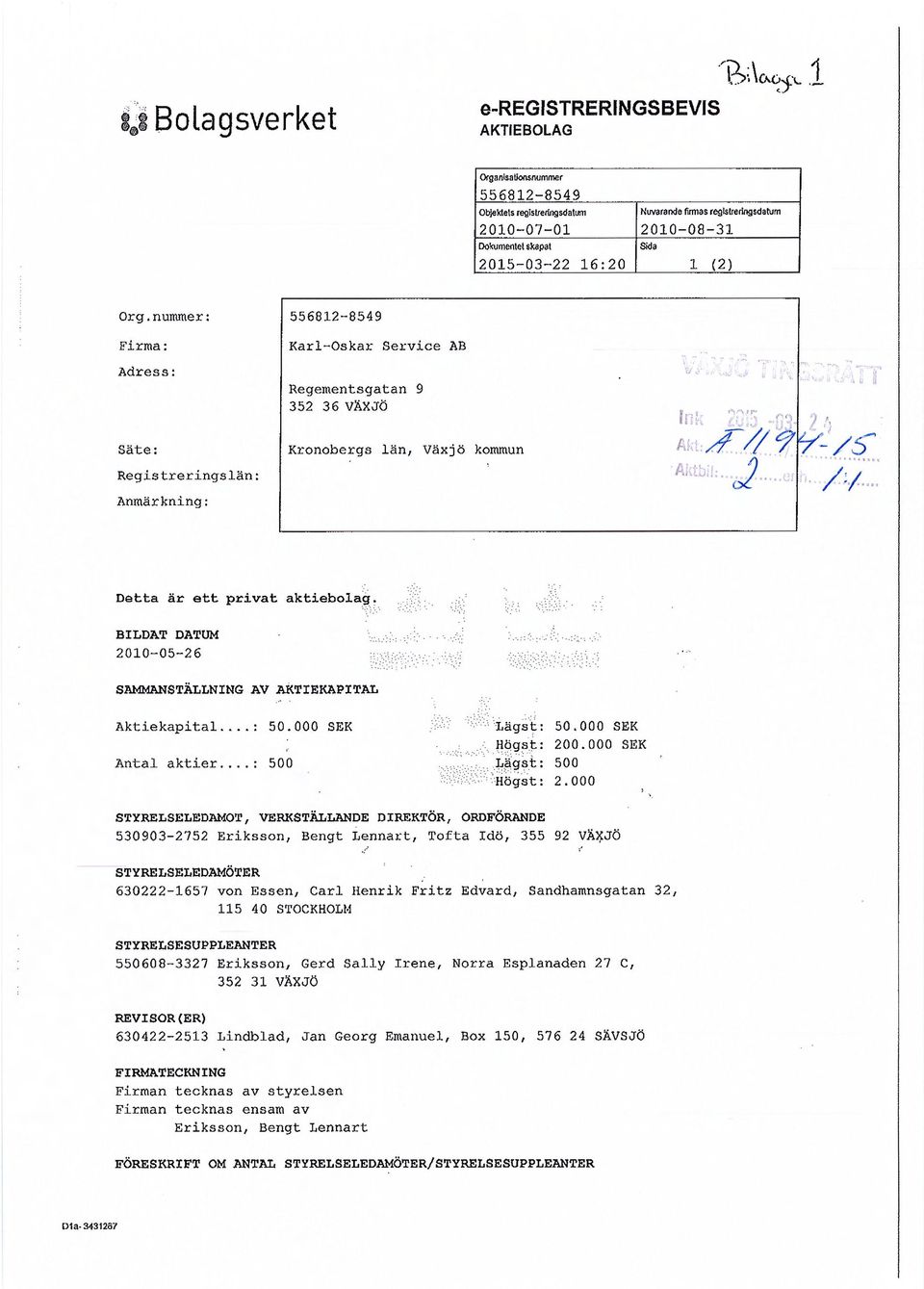 nummer: Firma: Karl-Oskar Service AB Adress: Säte: Registreringslän: Anmärkning: Regementsgatan 9 352 36 VÄXJÖ Kronobergs län, Växjö kommun In Ak1 Akt i oc r y- (S Y-/S / / Detta är ett privat