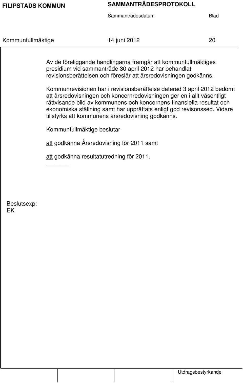 Kommunrevisionen har i revisionsberättelse daterad 3 april 2012 bedömt att årsredovisningen och koncernredovisningen ger en i allt väsentligt rättvisande bild av