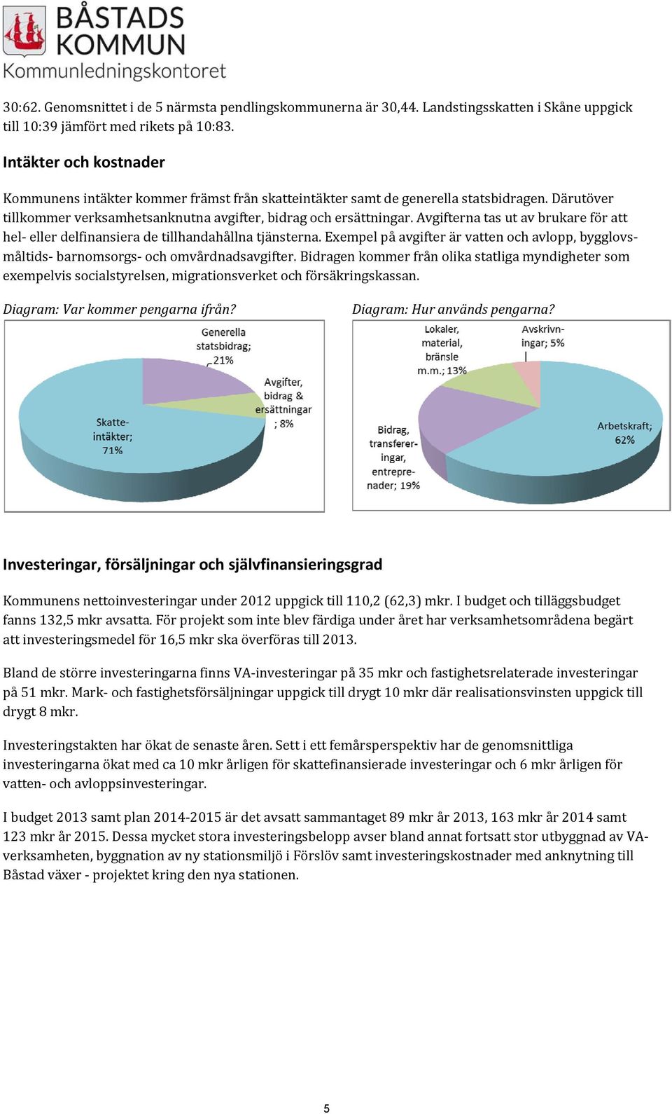 Avgifterna tas ut av brukare för att hel eller delfinansiera de tillhandahållna tjänsterna. Exempel på avgifter är vatten och avlopp, bygglovsmåltids barnomsorgs och omvårdnadsavgifter.