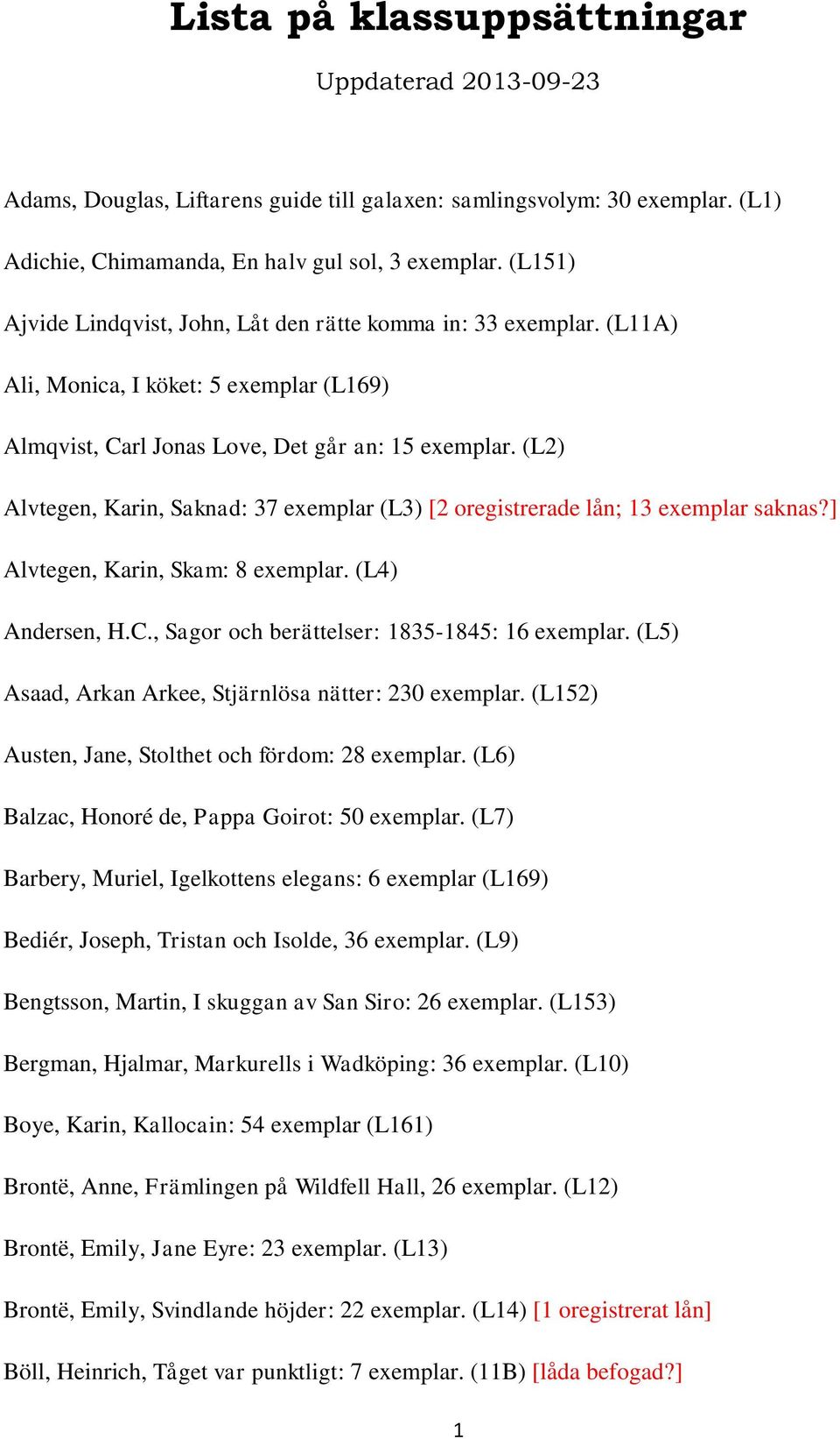 (L2) Alvtegen, Karin, Saknad: 37 exemplar (L3) [2 oregistrerade lån; 13 exemplar saknas?] Alvtegen, Karin, Skam: 8 exemplar. (L4) Andersen, H.C., Sagor och berättelser: 1835-1845: 16 exemplar.