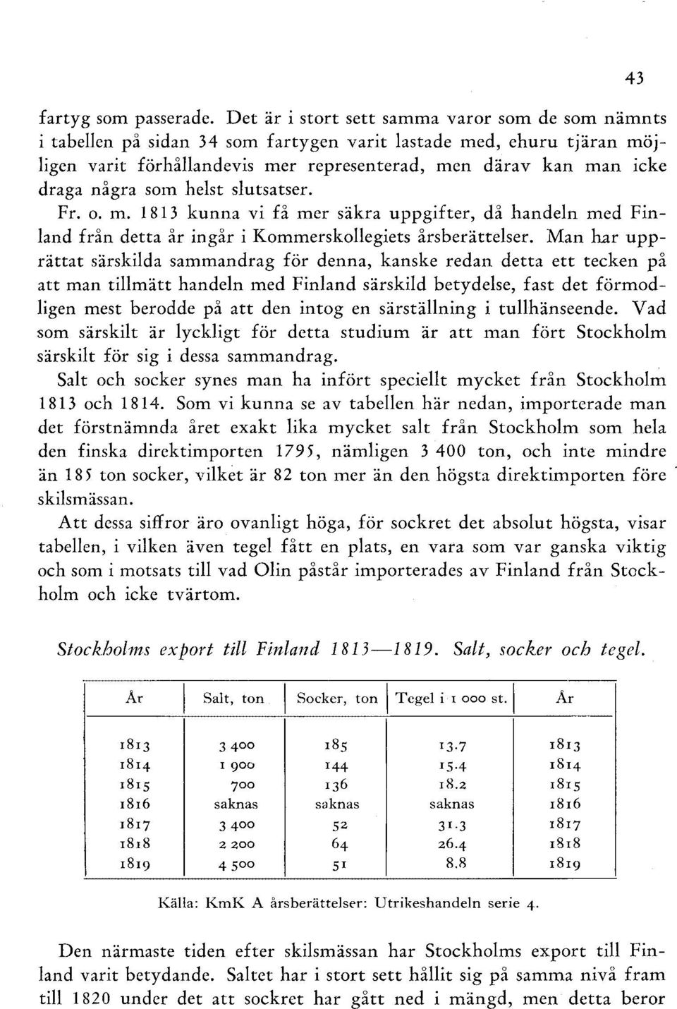 några som helst slutsatser. Fr. o. m. 1813 kunna vi få mer säkra uppgifter, då handeln med Finland från detta år ingår i Kommerskollegiets årsberättelser.