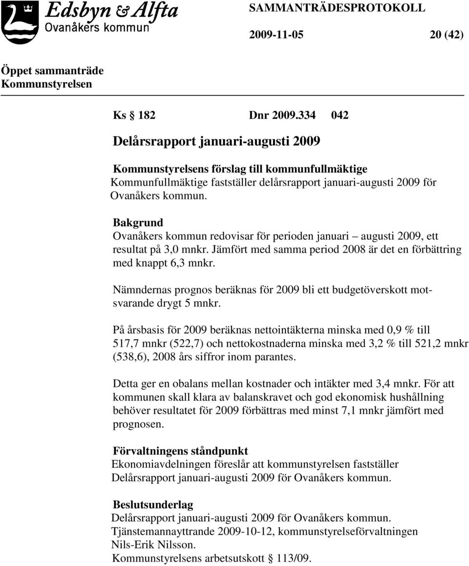 Nämndernas prognos beräknas för 2009 bli ett budgetöverskott motsvarande drygt 5 mnkr.